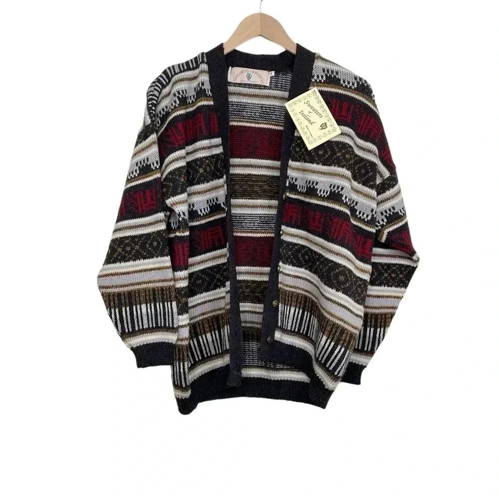 Sweaters Of Ireland Button Front Wool Multi Print Cardigan Medium